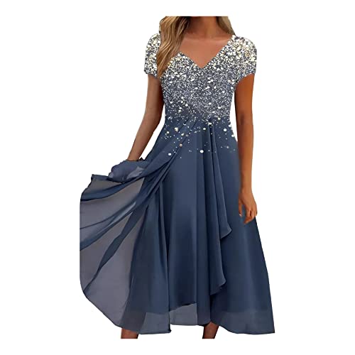 Sommerkleid Damen Knielang Chiffon Kleid Sexy V-Ausschnitt Partykleid mit Spizen Kurzarm Abendkleid Hoch Taille Vintage Swing Kleid Große Größen Elegant A-Line Kleider Strandkleider Cocktailkleid von Generic