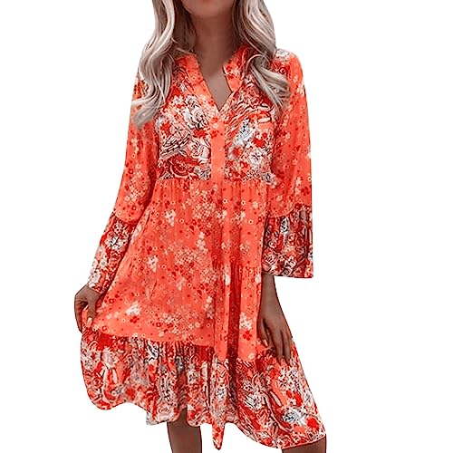 Sommerkleid Damen Knielang Elegant Boho Blumenkleid Sommerkleid Strandkleider Midi Kurz Sommer Tunika Kleider Leicht Knielang Blusenkleid Mode Freizeitkleider Tunikakleid Luftige Carmen Stufenkleid von Generic