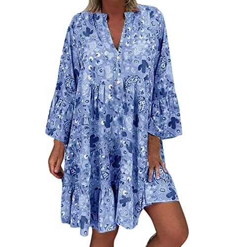 Sommerkleid Damen Knielang Elegant Boho Blumenkleid Sommerkleid Strandkleider Midi Kurz Sommer Tunika Kleider Leicht Knielang Blusenkleid Mode Freizeitkleider Tunikakleid von Generic