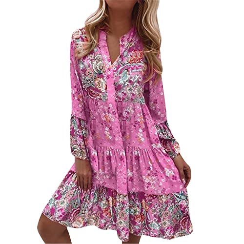 Sommerkleid Damen Knielang Elegant Boho Blumenkleid Sommerkleid Strandkleider Midi Kurz Sommer Tunika Kleider Leicht Knielang Blusenkleid Mode Freizeitkleider Tunikakleid von Generic