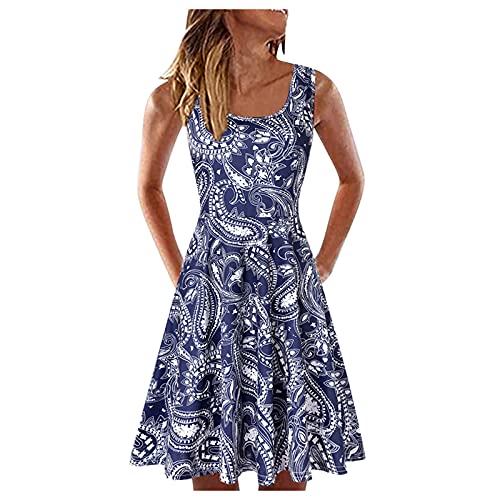 Sommerkleid Damen Knielang Elegant Strandkleid Sexy Kleid Mädchen Ohne Arm Blumen Drucken Boho Minikleid Frauen Sommer Lässig Fließendes Plisseekleid Rundhals Partykleid Ärmellos Swing Freizeitkleid von Generic