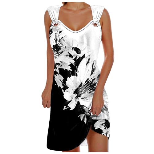 Sommerkleid Damen Knielang Elegantes Strapskleid Bedrucktes Kleid Lange Sommerkleider Schultergurt mit Schnalle Strandkleid Damen Luftig Freizeit Strandkleider Teenager Mädchen Festlich Kleider von Generic