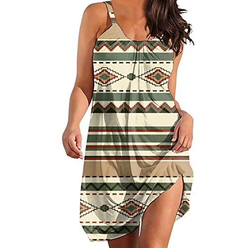 Sommerkleid Damen Knielang Freizeitkleid Damen Sommer Azteken-Druck Minikleid Lässige Loose Strandkleid Wickelkleid Schulterfrei Trägerloses Boho Langes Kleid Ärmellos Cocktailkleid Kurz Kleider von Generic