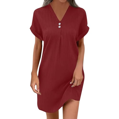 Sommerkleid Damen Knielang Kleid blusenkleid Sommer Einfarbig V-Ausschnitt Kurze Ärmel Kurz langes Tshirt Maxi Dress(Tiefrot, XL) von Generic