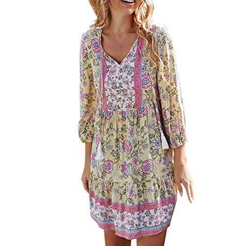 Sommerkleid Damen Knielang Kleider Damen Sommer Boho Kleid Tunika Sommerkleider Hängerkleid Midikleid Blumen Tunikakleid Midi Blau Damenkleider Freizeit Summer Dress von Generic