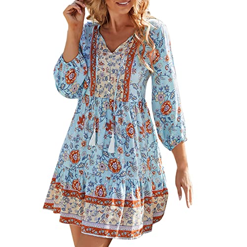 Sommerkleid Damen Knielang Kleider Damen Sommer Boho Kleid Tunika Sommerkleider Hängerkleid Midikleid Blumen Tunikakleid Midi Blau Damenkleider Freizeit Summer Dress von Generic