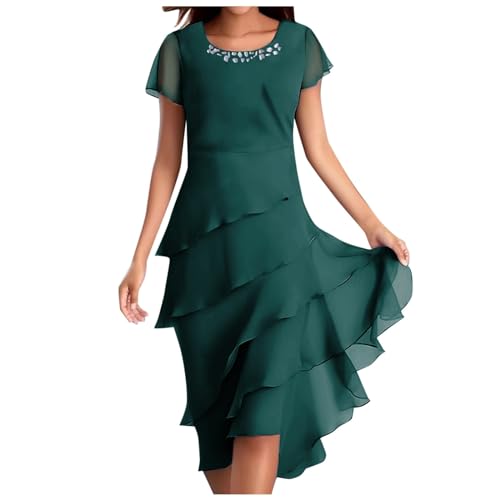 Sommerkleid Damen Knielang Kleider Damen Sommer Chiffonkleid Swing Kleid Sommerkleider Große Größen Midikleid Beige Midi Kurzarm Elegant Damenkleider Freizeit Summer Dress von Generic