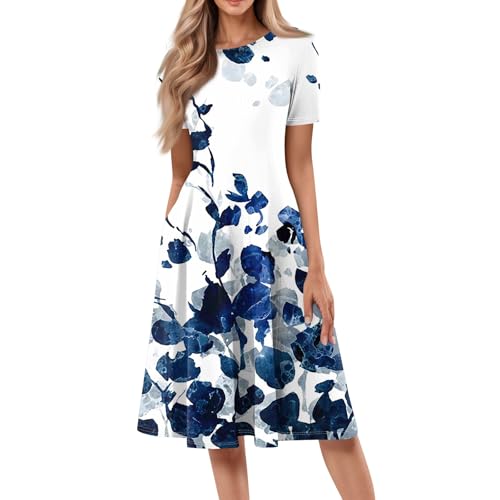 Sommerkleid Damen Knielang Kurzarm Kleid Sommer Rundhals Blumenmuster Elegant Cocktailkleid Strandkleid mit Taschen,Blau,M von Generic