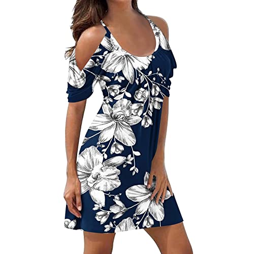 Sommerkleid Damen Knielang - Schulterfreies Träger Kleid Sexy -Strandkleid Damen Sommer Blumen Druck Swing Schicke Beach Cover Up Kleider Blusenkleid Shirtkleider Trägerkleid von Generic