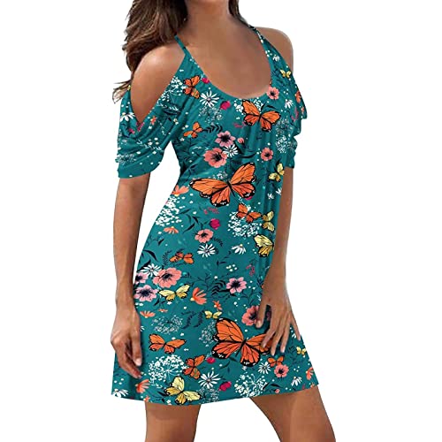 Sommerkleid Damen Knielang - Schulterfreies Träger Kleid Sexy -Strandkleid Damen Sommer Blumen Druck Swing Schicke Beach Cover Up Kleider Blusenkleid Shirtkleider Trägerkleid von Generic