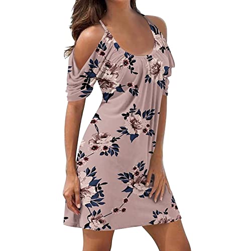 Sommerkleid Damen Knielang - Schulterfreies Träger Kleid Sexy -Strandkleid Damen Sommer Blumen Druck Swing Schicke Beach Cover Up Kleider Blusenkleid Shirtkleider Trägerkleid von Generic