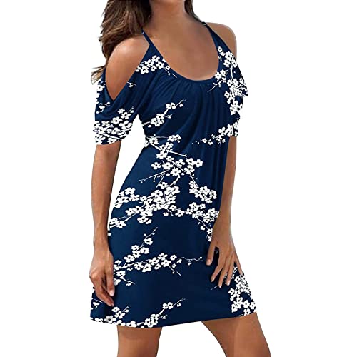 Sommerkleid Damen Knielang - Schulterfreies Träger Kleid Sexy -Strandkleid Damen Sommer Blumen Druck Swing Schicke Beach Cover Up Kleider Blusenkleid Shirtkleider Trägerkleid von Generic