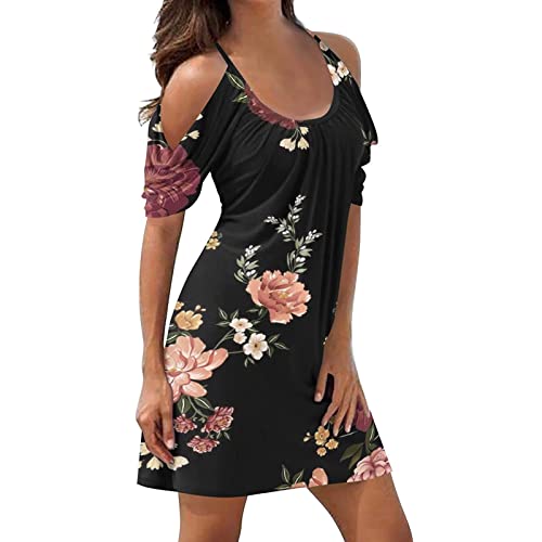 Sommerkleid Damen Knielang - Schulterfreies Träger Kleid Sexy -Strandkleid Damen Sommer Blumen Druck Swing Schicke Beach Cover Up Kleider Blusenkleid Shirtkleider Trägerkleid von Generic