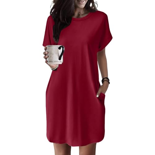 Sommerkleid Damen Knielang - T Shirt Kleid Damen Kurzarm Strandkleid Sommer Tunika Kleider Elegant mit Taschen Rundhals Lockerer Einfarbig Weich Shirtkleid Midikleid Freizeitkleid für Fauen von Generic