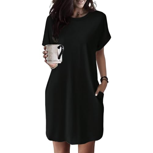 Sommerkleid Damen Knielang - T Shirt Kleid Damen Kurzarm Strandkleid Sommer Tunika Kleider Elegant mit Taschen Rundhals Lockerer Einfarbig Weich Shirtkleid Midikleid Freizeitkleid für Fauen von Generic