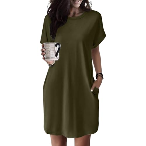 Sommerkleid Damen Knielang - T Shirt Kleid Damen Kurzarm Strandkleid Sommer Tunika Kleider Elegant mit Taschen Rundhals Lockerer Einfarbig Weich Shirtkleid Midikleid Freizeitkleid für Fauen von Generic