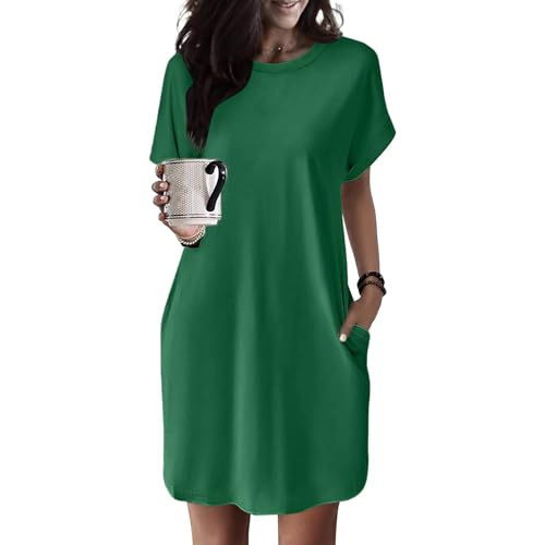 Sommerkleid Damen Knielang - T Shirt Kleid Damen Kurzarm Strandkleid Sommer Tunika Kleider Elegant mit Taschen Rundhals Lockerer Einfarbig Weich Shirtkleid Midikleid Freizeitkleid für Fauen von Generic