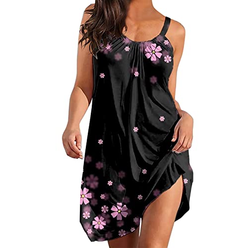 Sommerkleid Damen Knielang Tshirt Kleid Damen O-Ausschnitt Strandkleid Ärmellos Swing Kleider Vintage Kleider Midikleid Chiffonkleid Damen Etuikleid Damen Schwarz L von Generic