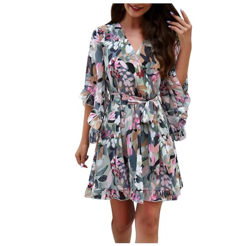 Sommerkleid Damen Kurz Elegant Blumen Chiffon V-Ausschnitt Wickelkleid A-Linie Kleid Tunika Kleid Sommerkleid Strandkleid Blumenkleid KnieLanges Kleid von Generic