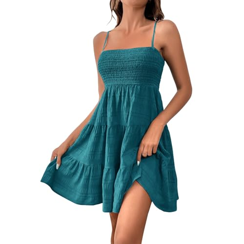 Sommerkleid Damen Kurz Elegant Spaghettiträger Strandkleid Sommer Leichte Freizeitkleid Lässig Ärmellos Minikleid A-Linie Kleid Einfarbig Swing Kleider Boho Trägerkleid Beach Party Camisole Dress von Generic
