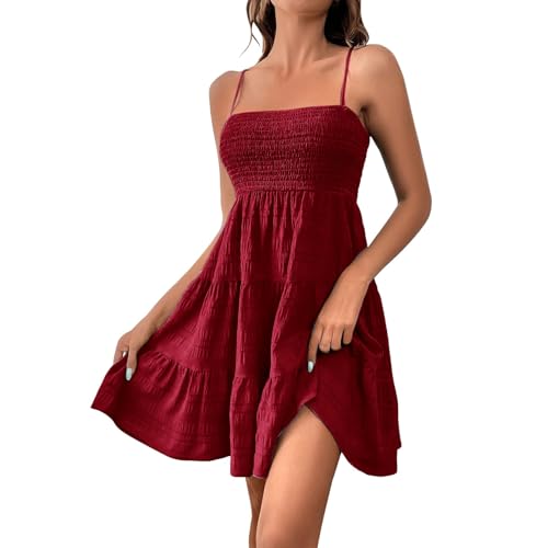 Sommerkleid Damen Kurz Elegant Spaghettiträger Strandkleid Sommer Leichte Freizeitkleid Lässig Ärmellos Minikleid A-Linie Kleid Einfarbig Swing Kleider Boho Trägerkleid Beach Party Camisole Dress von Generic
