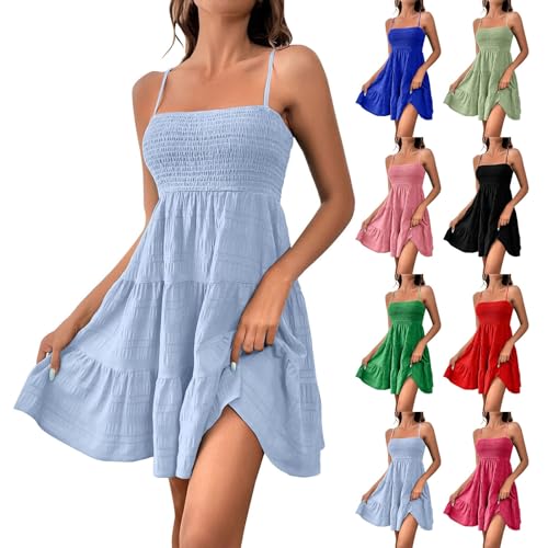 Sommerkleid Damen Kurz Elegant Spaghettiträger Strandkleid Sommer Leichte Freizeitkleid Lässig Ärmellos Minikleid A-Linie Kleid Einfarbig Swing Kleider Boho Trägerkleid Beach Party Camisole Dress von Generic