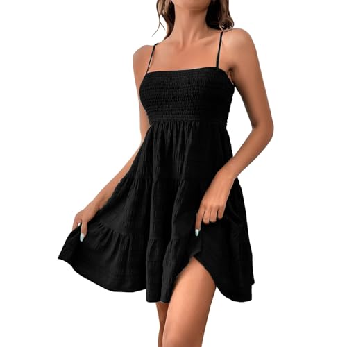 Sommerkleid Damen Kurz Elegant Spaghettiträger Strandkleid Sommer Leichte Freizeitkleid Lässig Ärmellos Minikleid A-Linie Kleid Einfarbig Swing Kleider Boho Trägerkleid Beach Party Camisole Dress von Generic