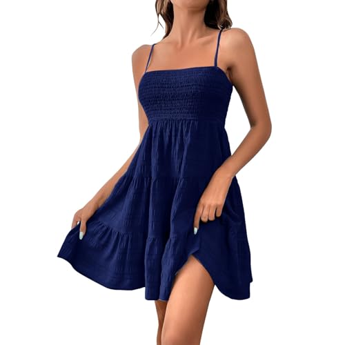 Sommerkleid Damen Kurz Elegant Spaghettiträger Strandkleid Sommer Leichte Freizeitkleid Lässig Ärmellos Minikleid A-Linie Kleid Einfarbig Swing Kleider Boho Trägerkleid Beach Party Camisole Dress von Generic