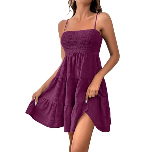 Sommerkleid Damen Kurz Elegant Spaghettiträger Strandkleid Sommer Leichte Freizeitkleid Lässig Ärmellos Minikleid A-Linie Kleid Einfarbig Swing Kleider Boho Trägerkleid Beach Party Camisole Dress von Generic