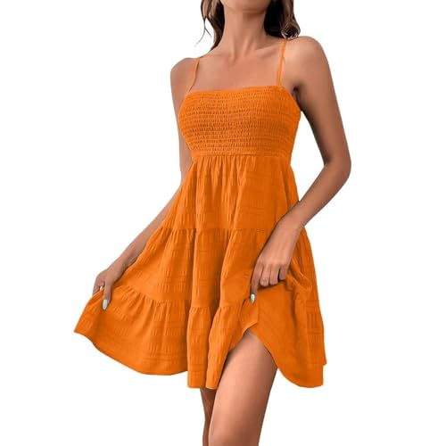 Sommerkleid Damen Kurz Elegant Spaghettiträger Strandkleid Sommer Leichte Freizeitkleid Lässig Ärmellos Minikleid A-Linie Kleid Einfarbig Swing Kleider Boho Trägerkleid Beach Party Camisole Dress von Generic