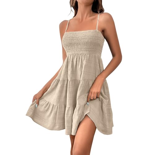 Sommerkleid Damen Kurz Elegant Spaghettiträger Strandkleid Sommer Leichte Freizeitkleid Lässig Ärmellos Minikleid A-Linie Kleid Einfarbig Swing Kleider Boho Trägerkleid Beach Party Camisole Dress von Generic