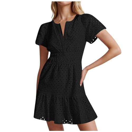 Sommerkleid Damen Kurz Kleid A Linie Damen Strandkleider V-Ausschnitt Minikleid Aushöhlen Bestickt Rüschen Kleider Bodycon Strandkleid Casual Wickelkleid Komfortabel Freizeitkleider Partykleid von Generic
