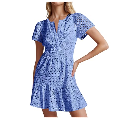 Sommerkleid Damen Kurz Kleid A Linie Damen Strandkleider V-Ausschnitt Minikleid Aushöhlen Bestickt Rüschen Kleider Bodycon Strandkleid Casual Wickelkleid Komfortabel Freizeitkleider Partykleid von Generic