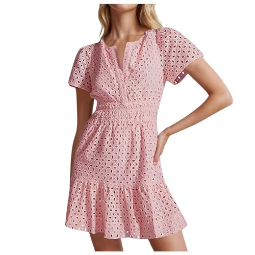 Sommerkleid Damen Kurz Kleid A Linie Damen Strandkleider V-Ausschnitt Minikleid Aushöhlen Bestickt Rüschen Kleider Bodycon Strandkleid Casual Wickelkleid Komfortabel Freizeitkleider Partykleid von Generic