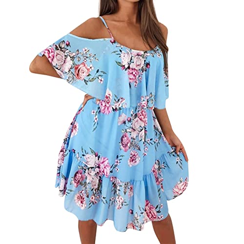 Generic Damen Sommerkleid Maxi M Hellblau Spaghettiträger Rückenfrei Paisley A-Linie Elegant Casual Geblümtes Stretch-Baumwolle Ärmellos Off Shoulder von Generic
