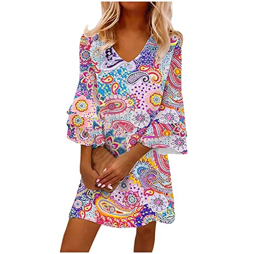 Sommerkleid Damen Kurz V Ausschnitt Strandkleid Damen mit ärmeln Trompetenärmel Boho Kleid Damen Leicht A Linie Kleid Damen Sommer Luftig Elegant Luftige Sommerkleider Schöne Locker von Generic