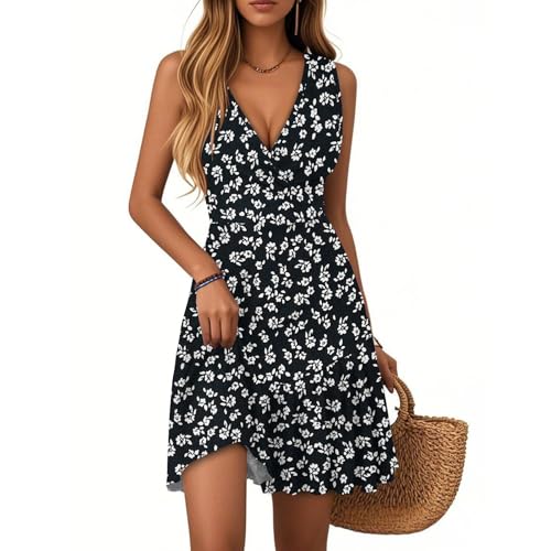 Sommerkleid Damen Kurzarm Damen Kleider Sommer Ärmellos Strandkleid V-Ausschnitt Blumenmuster Rüschen Swing Sommerkleid Hohe Taille Festlich Leichte Freizeitkleid für Urlaub B Black XXL von Generic
