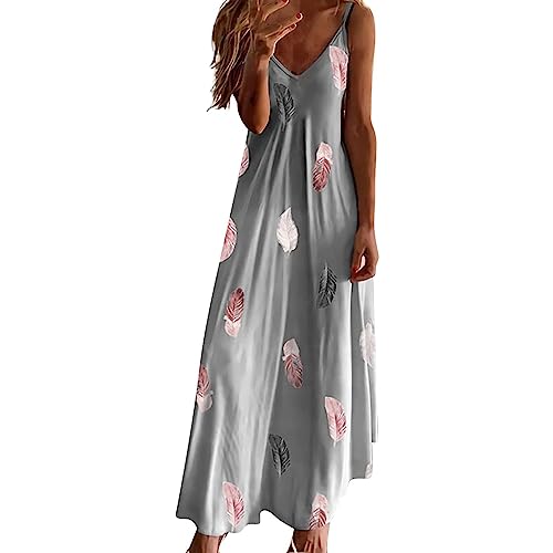 Sommerkleid Damen Lang, Maxikleid Damen Sommer Boho Strandkleid Armellos V ausschnitt Trägerkleid Feder Drucken Sommerkleider Damen Leicht und Luftig Lang Wickelkleid Strandkleider von Generic