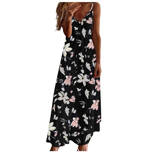 Sommerkleid Damen Lang, Maxikleid Damen Sommer Boho Strandkleid Maxi Trägerkleid V ausschnitt Armellos Blumendruck Sommerkleider Damen Leicht und Luftig Lang Blumenkleid Strandkleider von Generic