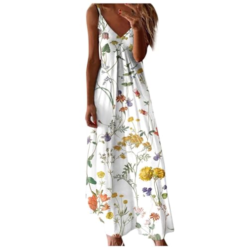 Sommerkleid Damen Lang, Maxikleid Damen Sommer Boho Strandkleid Maxi Trägerkleid V ausschnitt Armellos Blumendruck Sommerkleider Damen Leicht und Luftig Lang Blumenkleid Strandkleider von Generic