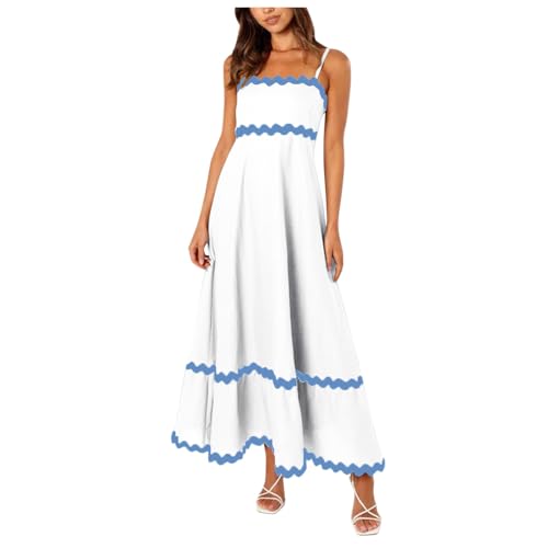 Sommerkleid Damen Lang, Maxikleid Damen Sommer Elegant Spaghettiträger A Linie Kleid Gestreift Boho Strandkleid Maxi Trägerkleid Sommerkleider Damen Leicht und Luftig Lang Wickelkleid von Generic
