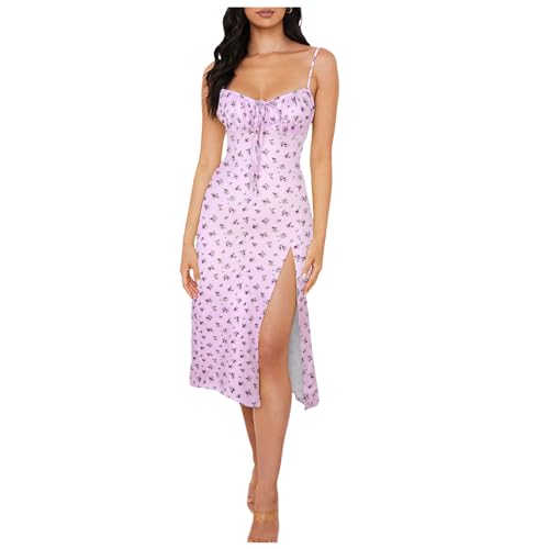 Sommerkleid Damen Lang, Maxikleid Damen Sommer Spaghettiträger Boho Kleid mit Schlitz Ärmelloses Bandeau Trägerkleid BlumenKleid Sommerkleider Damen Leicht und Luftig Lang Strandkleid von Generic