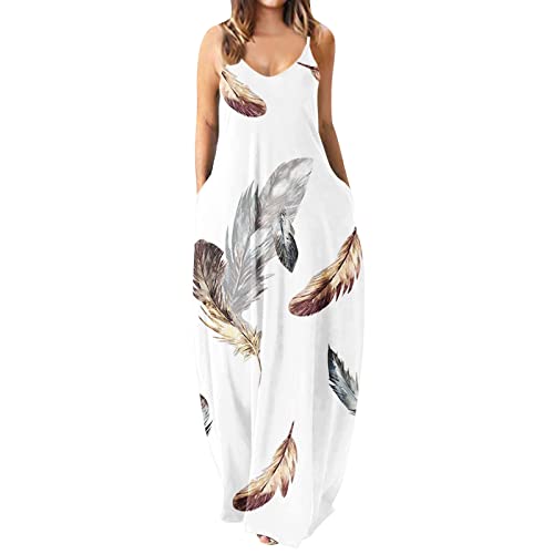 Sommerkleid Damen Lang, Maxikleider Damen Sommer Spaghettiträger Ärmellos Federmuster Strandkleid V-Ausschnitt Maxikleid mit Taschen Elegante Freizeitkleid A-Linie Kleider Für Mädchen von Generic