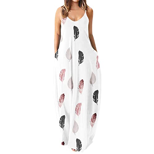 Sommerkleid Damen Lang, Maxikleider Damen Sommer Spaghettiträger Ärmellos Federmuster Strandkleid V-Ausschnitt Maxikleid mit Taschen Elegante Freizeitkleid A-Linie Kleider Für Mädchen von Generic
