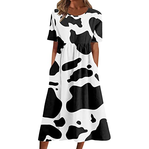 Sommerkleid Damen Lang,Maxikleid Damen Elegant,Lange Kleider Damen Sommer Ruched A Linien Kleid Kurzarm Lässig Shirtkleid Bequem Strandkleid Große Größe Rundhals Falten Freizeitkleid mit Kuhmuster von Generic