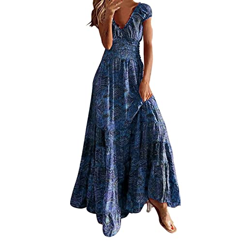 Sommerkleid Damen Lang,Maxikleid Damen Elegant,Lange Kleider Damen Sommer Vintage Partykleid Boho Maxi Kleid Ohne Ärmel Strandkleid Große Größe Freizeitkleid High Waist Ballkleider V Ausschnitte von Generic