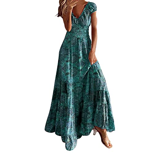Sommerkleid Damen Lang,Maxikleid Damen Elegant,Lange Kleider Damen Sommer Vintage Partykleid Boho Maxi Kleid Ohne Ärmel Strandkleid Große Größe Freizeitkleid High Waist Ballkleider V Ausschnitte von Generic