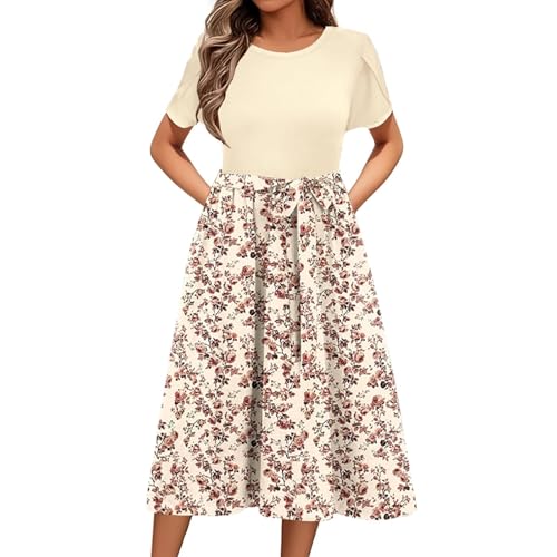 Sommerkleid Damen Lang A Linien Tunikakleid Mit Taschen Blumenkleid Hohe Taille Maxikleid Round-Ausschnitt Partykleid Langer Plissee Dress Luftiges Strandkleid Elastischem Bund Freizeitkleid von Generic