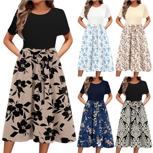 Sommerkleid Damen Lang A Linien Tunikakleid Mit Taschen Blumenkleid Hohe Taille Maxikleid Round-Ausschnitt Partykleid Langer Plissee Dress Luftiges Strandkleid Elastischem Bund Freizeitkleid von Generic