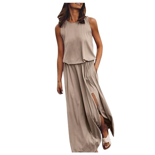 Sommerkleid Damen Lang Ärmellos Rundhalsausschnitt Maxikleider mit Schlitz Einfarbig Strandkleid Trägerkleid Boho Kleid Sommer Damen Lange Maxi Sommerkleider Strandkleider von Generic